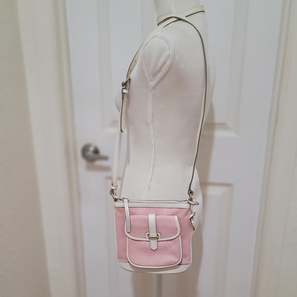 Dooney & Bourke Canvas Letter Carrier Pink & White Monogram Crossbody - Picture 2 of 13